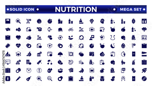 Nutrition and healthy eating solid icon pack. Collection of solid icons that support digital navigation, Nutrition, and healthy eating icon pack. Collection of solid icons.