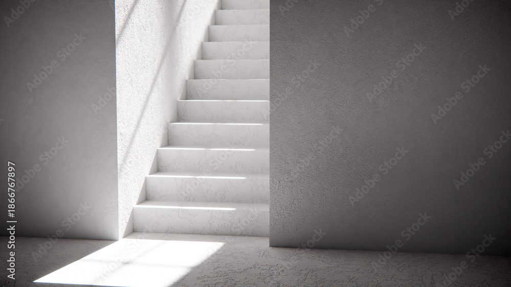 Obraz premium 3D render of stair base with dramatic sunlight and shadows. Ideal for architectural visualization, interior design, and minimalist concept mockups with strong geometric contrast.