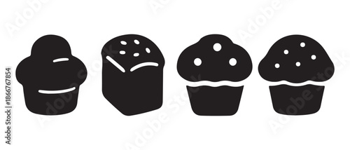 Variety of Black Icons. Cupcakes, Muffins, and Loaf Cake on White Background.