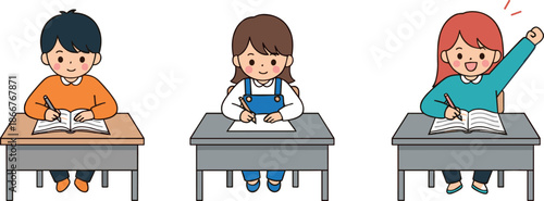 Vector illustration of diverse elementary students sitting at desks writing and participating for primary school education themes.