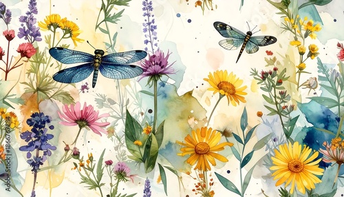 Watercolor painting of dragonflies and wildflowers in a meadow.