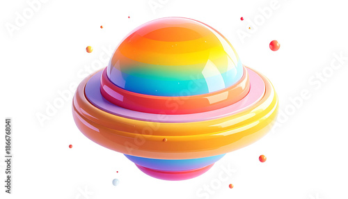 Colorful, cartoonish planet with rings and orbiting sparkles