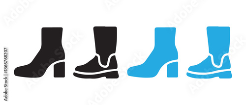 Set of Pairs of Fashion Boots, Black and Blue, Isolated on White Background.