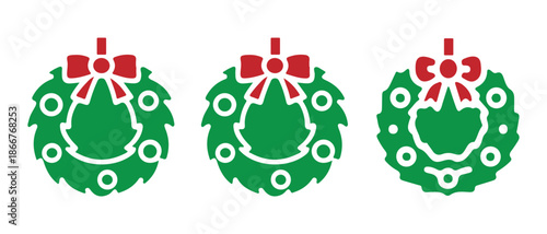Christmas Wreaths Icons Set. Festive Green Wreath Collection with Red Bows.