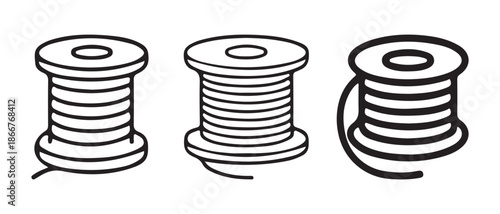 Line Art Spools of Thread with Wire, Icons for Sewing and Crafting.