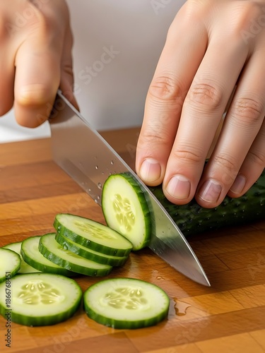 Slicing a Fresh Cucumber on a Wooden Board for Culinary Preparation