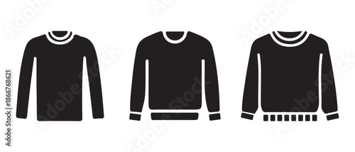Black Long Sleeve Pullover Sweaters Icon Set on White Background.