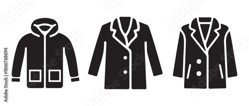 Set of Black Icons. Coats, Jackets, and Outerwear Styles Collection.