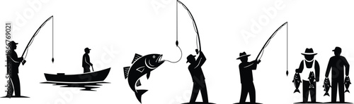 Fishing silhouette sequence illustration showing anglers boat fishing jumping fish rods successful catch outdoor sport hobby vector design icons set