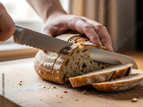Slicing homemade sourdough bread with a serrated knife on wood board