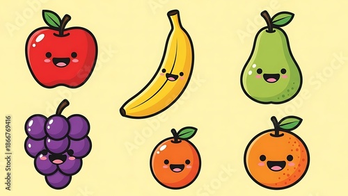 Smiling cartoon fruits on yellow background.