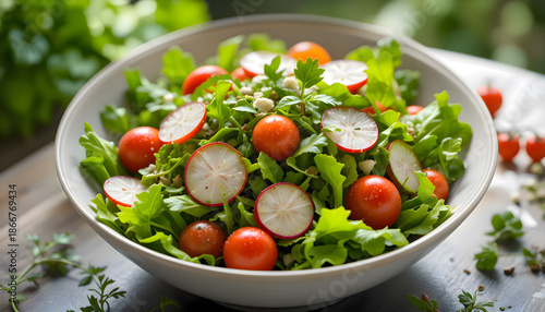 Fresh, vibrant bowl of green salad featuring sliced radishes and juicy tomatoes, showcasing healthy and raw organic vegetable ingredients