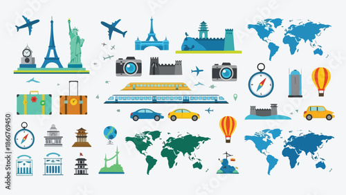 Collection of Travel and Transportation Icons and Landmarks.