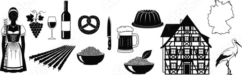 German culture silhouette icons illustration featuring traditional food wine beer pretzel stork half timbered house map heritage vector design symbols