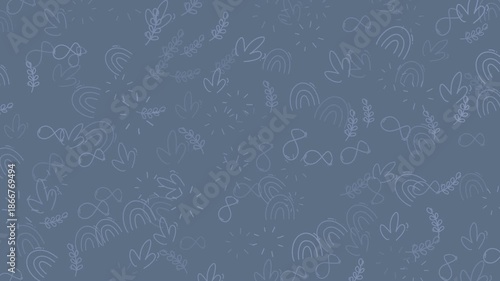 Pattern features plants, rainbows, and infinity symbols on a blue background. Ideal for digital backgrounds, textiles, stationery, and web design projects