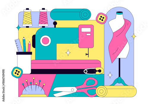 Seamstress Vector Illustration Featuring a Fashion Designer Sewing Dresses and Creating Outfits Inside a Tailor Shop with a Flat Style Background