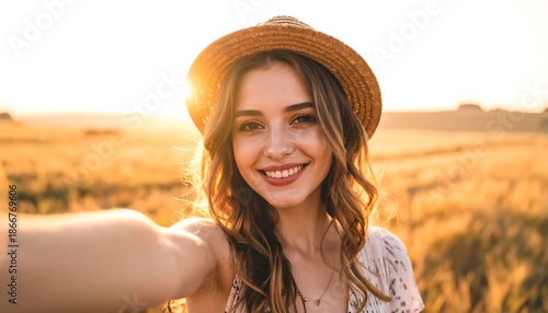 Young Woman Taking a Selfie in a Golden Field at Sunset.