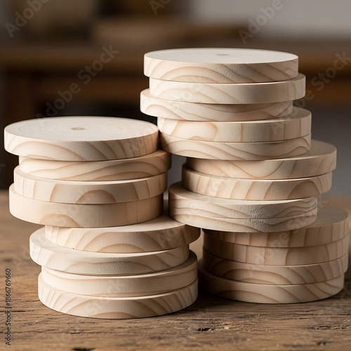 Stacks of Natural Wood Slices Prepared for Crafting on Wooden Surface