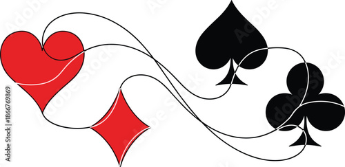 Playing card suits heart diamond spade club abstract flowing line illustration isolated white background casino poker vector design