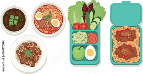 Vector illustration of healthy bento box with vegetables and ramen noodle bowls isolated for food lifestyle themes.