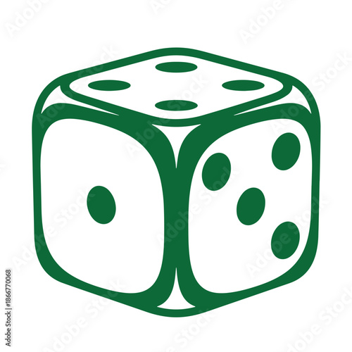 Green dice icon with white dots on transparent background for games and chance concepts