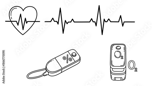 Medical devices and heart rate monitor line art illustrations