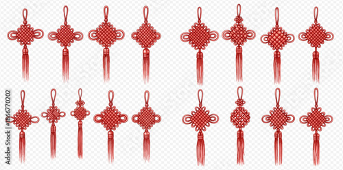 Set of traditional red Chinese knots with tassels, symbols of good fortune and prosperity for Lunar New Year.