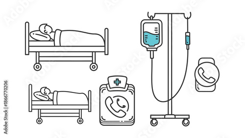 Medical equipment and hospital beds with patients undergoing treatment in a clinical setting illustration