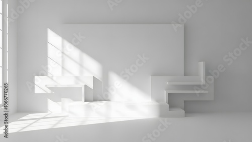 Modern Minimalist White Room Interior with Geometric Shapes and Sunlight Shadows