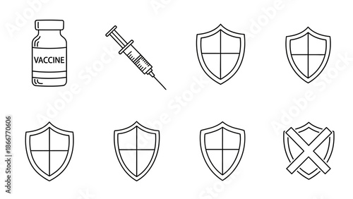 Medical protection icons set including vaccine bottle and syringe surrounded by various shield designs on a clean white background