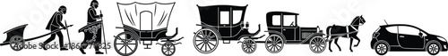 Transportation evolution timeline illustration showing ancient carts horse carriages vintage automobiles and modern electric car silhouette vector design for history