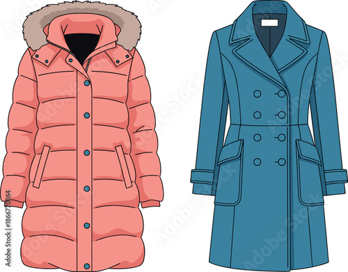 Vector illustration of peach puffer coat with fur hood and teal tailored overcoat for winter fashion themes.