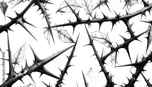 Monochrome close-up of thorny branches with sparse leaves, against black