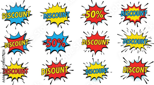 Vibrant Discount Badges Bursting Designs for Promotional Sales and Special Offers