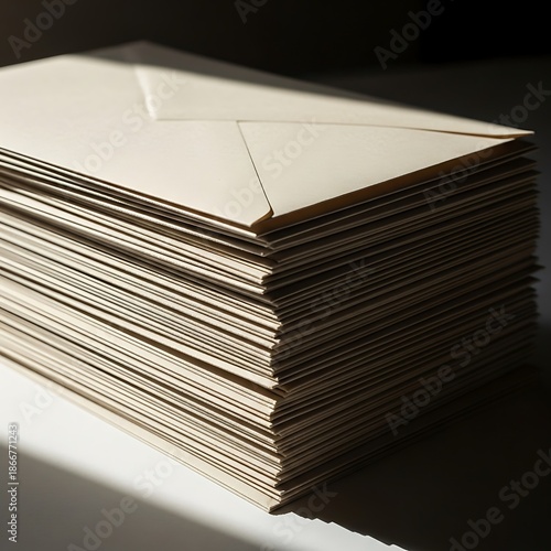 Towering Stack of Beige Envelopes Under Subtle Lighting and Shadow Play