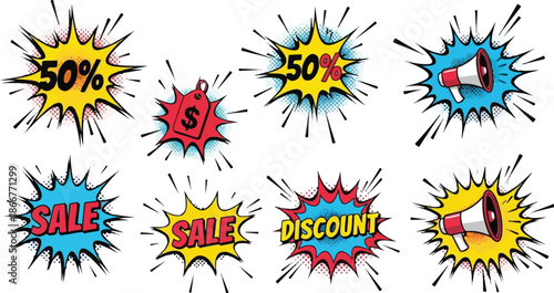 Collection of sale and discount burst design elements with various text and shapes, perfect for promotion