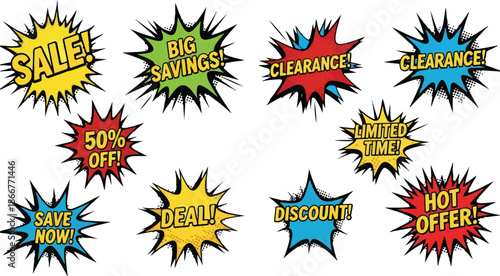 Collection of colorful, eye-catching sale and promotional stickers with various text and designs for advertising