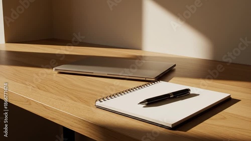 Modern Home Office Setup: Laptop, Notebook, Pen on Wood Desk with Sunlight