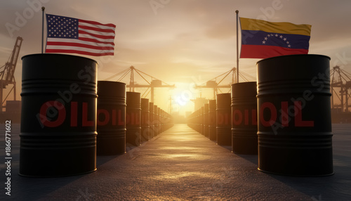 Oil Barrels with US and Venezuela Flags - Representing Energy Trade and International Relations on the pier at sunset 