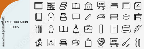village education and school supplies outline icons, traditional learning vector