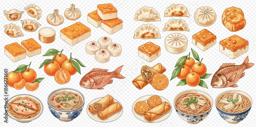 A collection of traditional Chinese New Year dishes and festive foods, including dumplings, spring rolls, fish, and oranges.