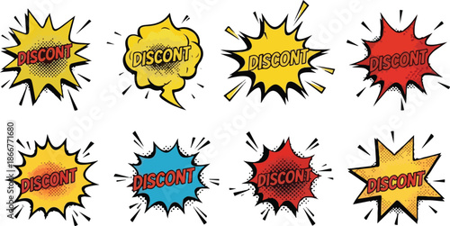 Set of colorful discount explosion speech bubbles, perfect for sales, promotions, and special offers