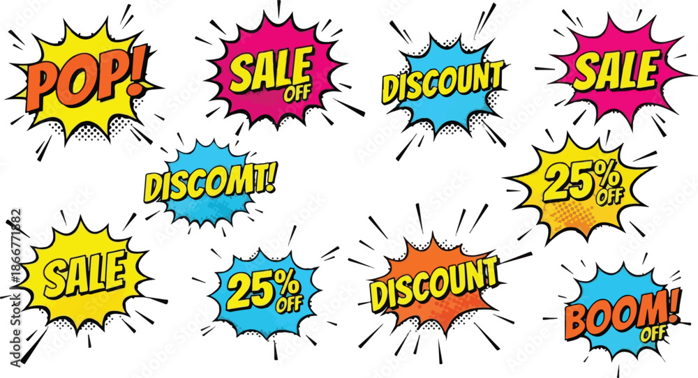 Φωτογραφία Colorful Comic Book Style Sale and Discount Badges for Retail Marketing and Prom