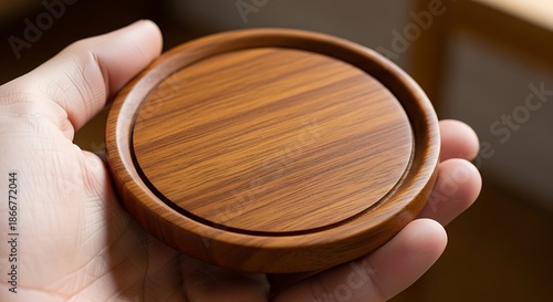 Wooden coaster in hand close up shows texture and handmade feeling