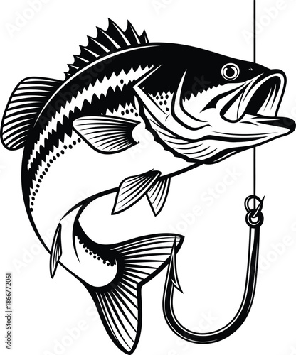 Dynamic bass fish caught on a hook for fishing designs