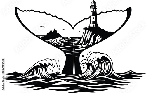 Nautical scene lighthouse, waves & islands in a whale's tail