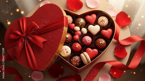 Wallpaper Mural Heart-Shaped Box of Assorted Chocolates and Macarons Surrounded by Rose Petals on a Soft Surface Torontodigital.ca