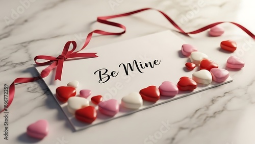 Wallpaper Mural Romantic Be Mine card surrounded by hearts on a marble surface Torontodigital.ca