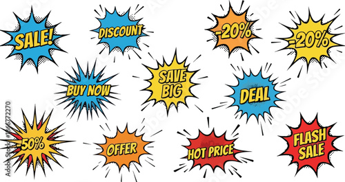 Colorful Bursting Sale Stickers with Discount Offers and Promotions for E-commerce