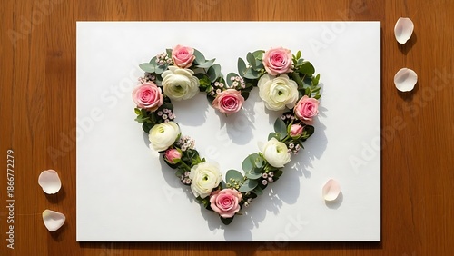 Wallpaper Mural Heart Shaped Floral Arrangement of Roses and Leaves on White Canvas Torontodigital.ca